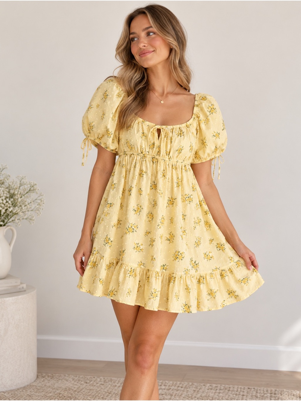 Thirty Thirty L/A Yellow Floral Puff Sleeve Mini Dress XL NWT